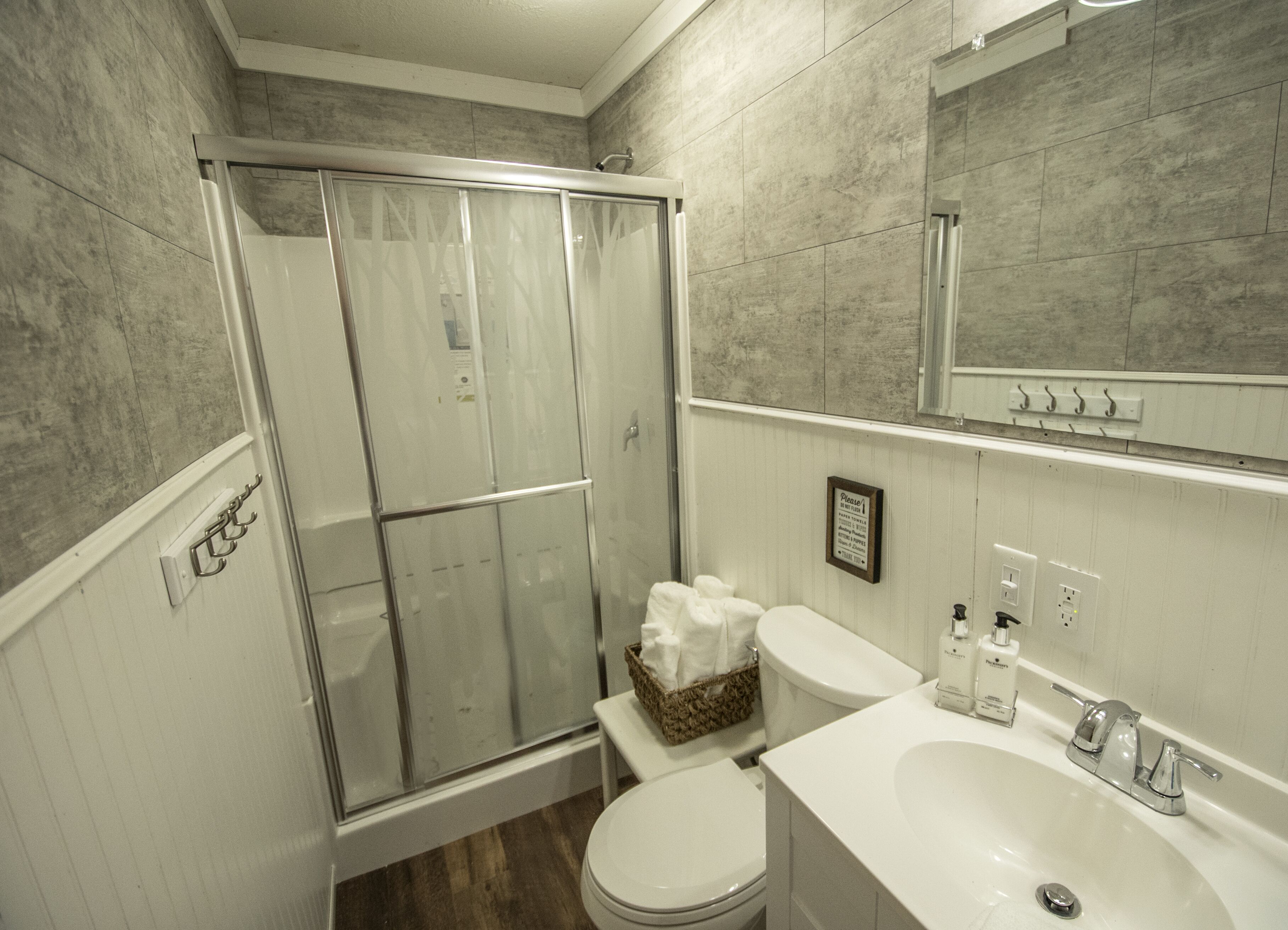 Shower, hair dryer, towels, shampoo