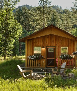 A wooden cabin with a front porch, two windows, and a door. There are two Adirondack chairs and a bench outside. - Spectacular setting, amenities, and centrally located to Mt. Rushmore and Custer State Park, and hiking. Wi-Fi. Excellent cell service (Verizon & ATT). Private campfire. Off-season discounts. No extra fees. (Rapid City)