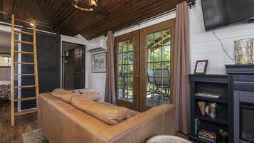 Smart TV, fireplace, books