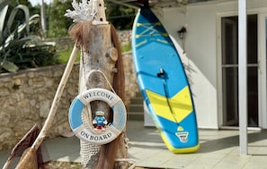 A lifebuoy with "WELCOME ONBOARD" and a mascot, a surfboard, and a stone wall in the background.
