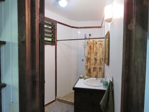 Un baño con ducha, lavamanos y espejo.