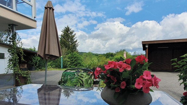 A reflective glass table with a flower vase and an umbrella. - Elisa Apartment Noswendel am See (Noswendel am See)