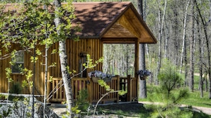 A rustic cabin with a wooden exterior, a sloped roof, and a porch with potted plants. - Spectacular setting, amenities, and centrally located to Mt. Rushmore and Custer State Park, and hiking. Wi-Fi. Excellent cell service (Verizon & ATT).A favorite cabin for honeymoons and anniversaries Private campfire. Off-season discounts. No extra (Rapid City)