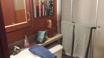Hair dryer, towels, soap, shampoo
