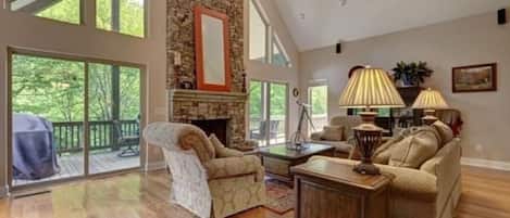 Smart TV, fireplace, video games, DVD player