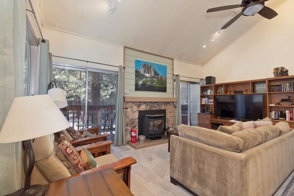 Smart TV, fireplace, books, stereo