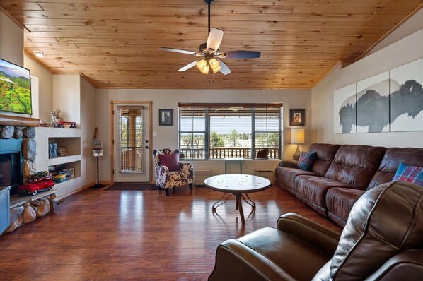 Smart TV, fireplace, DVD player, books