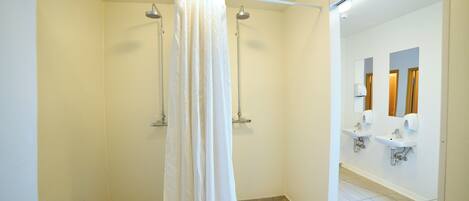 A modern bathroom with a shower, two sinks, and a mirror.