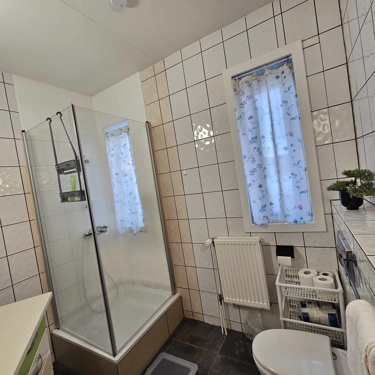 A bathroom with a glass-enclosed shower, a toilet, a radiator, and a window with floral curtains.