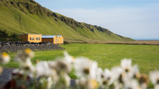Une cabane en bois, dotée d’un toit en pente, située sur une colline verdoyante et offrant une vue dégagée sur l’océan au loin.