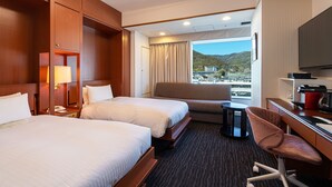 A hotel room with two beds, a desk, a chair, a TV, and a window with a view of a mountain. - Kyoto Yamashina Hotel Sanraku (Kyoto)