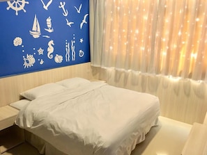 1 bedroom, premium bedding, individually decorated, desk