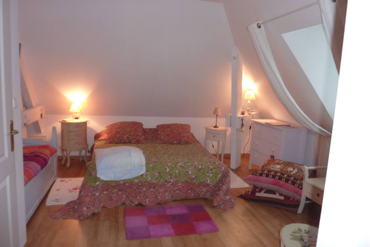 A bedroom with a bed, bedside tables, a dresser, and a canopy bed.