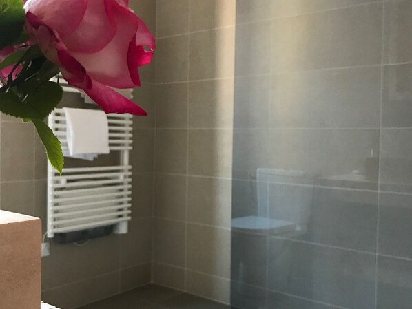 A bathroom with a shower, a towel rack, and a rose. - Demeure Saint Martin (Blancs-Coteaux)