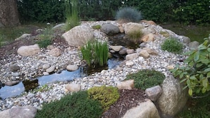Un jardin avec un petit ruisseau, entouré de rochers et de différentes plantes.