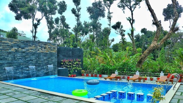 A swimming pool with a stone wall, lounge chairs, and potted plants. - Tree Blanche Munnar (Devikolam)