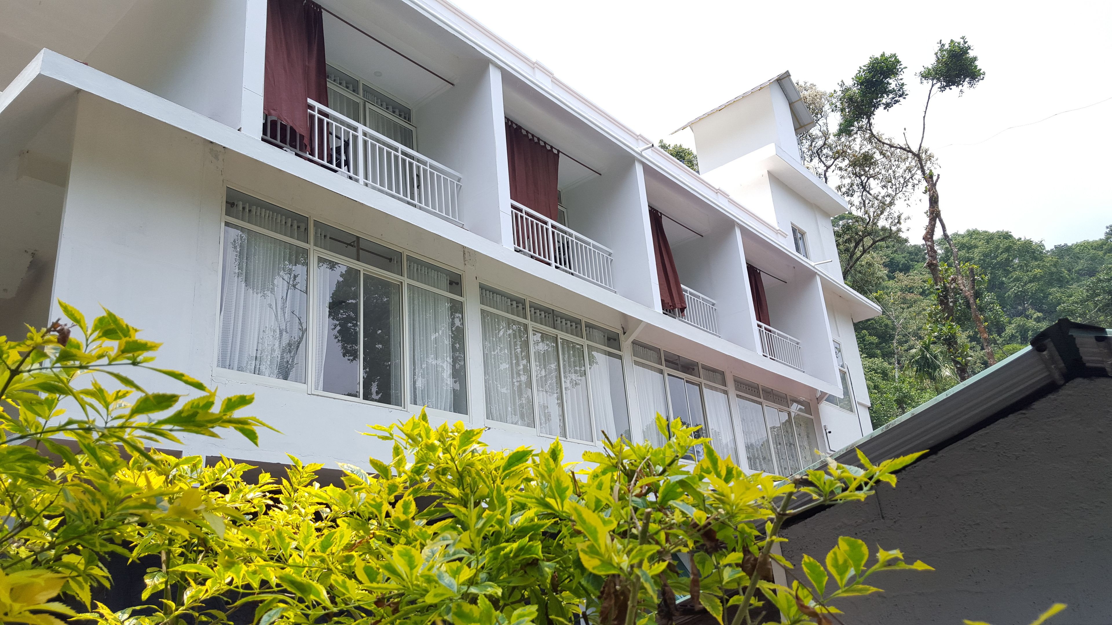 A multi-story building with balconies, large windows, and a view of greenery.