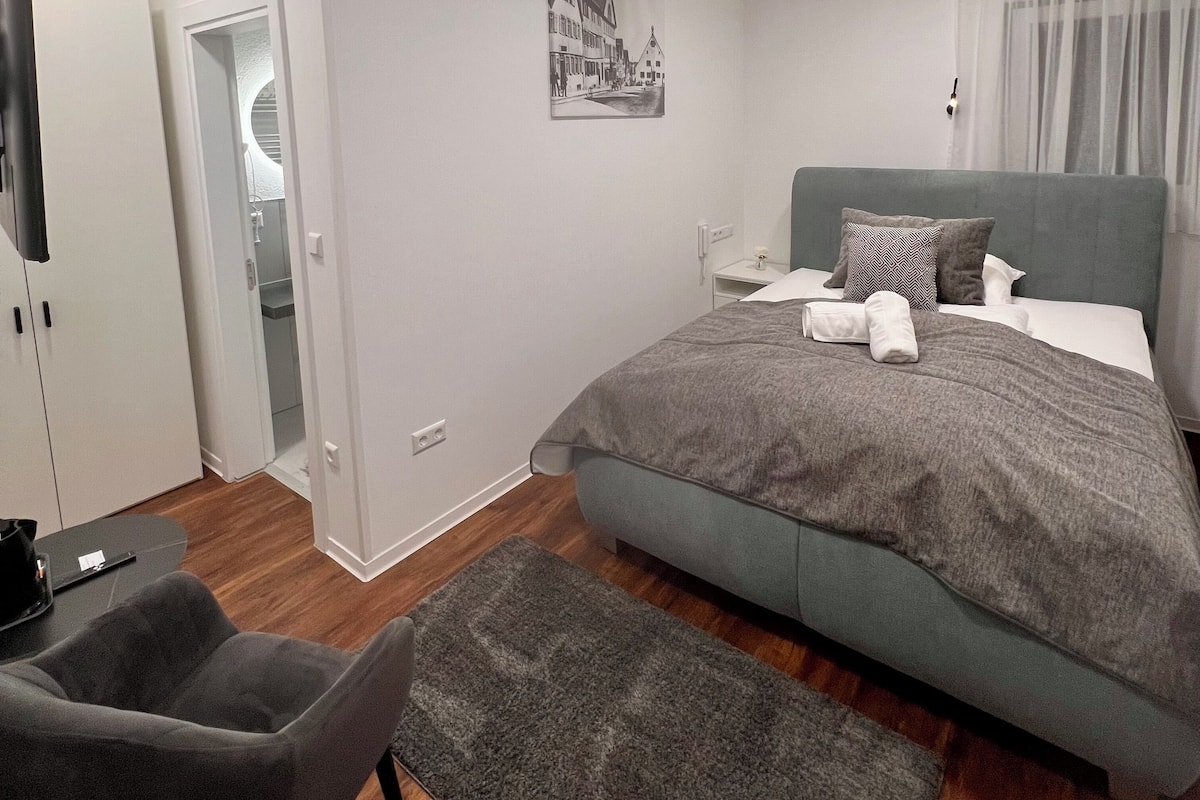 Une chambre à coucher moderne avec un grand lit, une chaise, un bureau et un tableau accroché au mur.