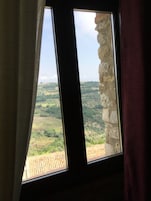 A window with a view of a stone wall and a landscape with greenery and a tiled roof.
