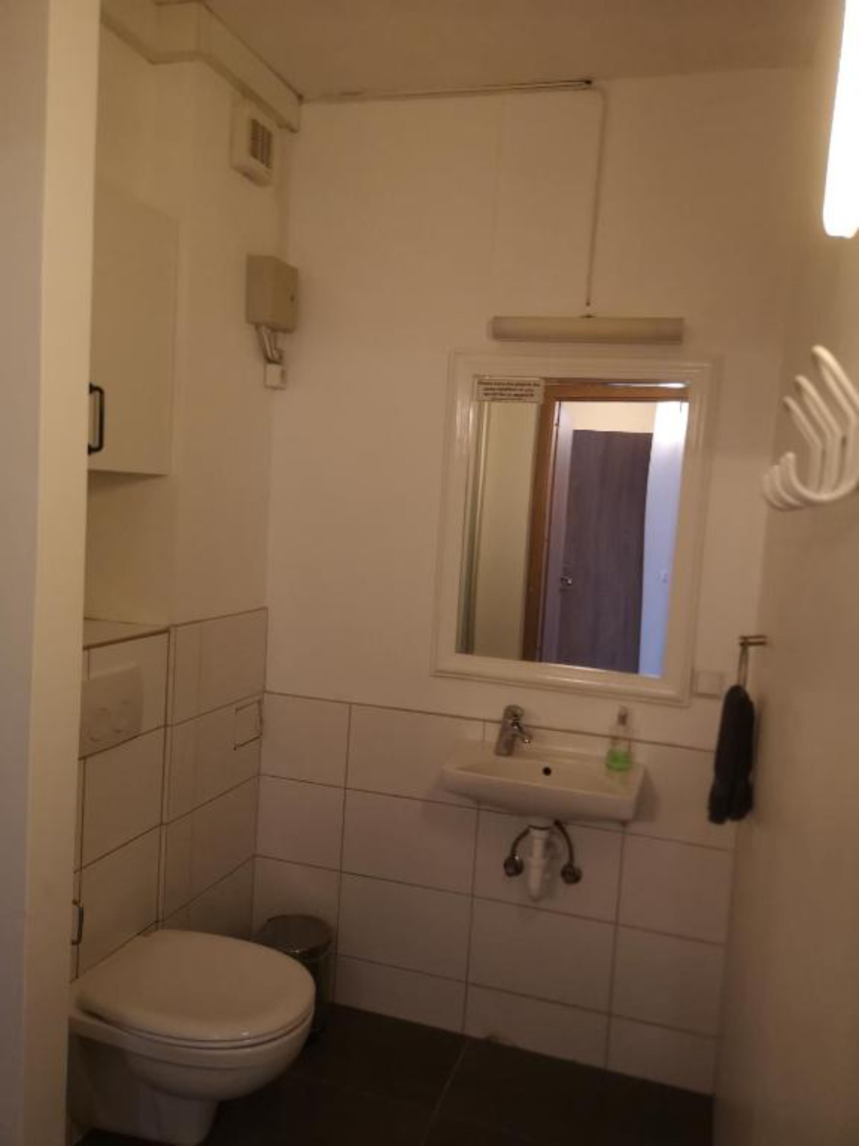 Ett litet, rent badrum med toalett, handfat och spegel.