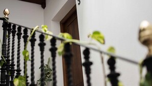 Un escalier avec une balustrade noire et une porte en bois.