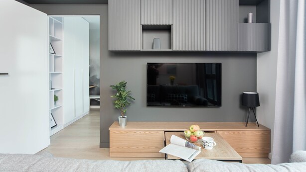 Una sala de estar moderna con un televisor de pantalla plana, una mesa de centro de madera con manzanas, una planta y una revista.