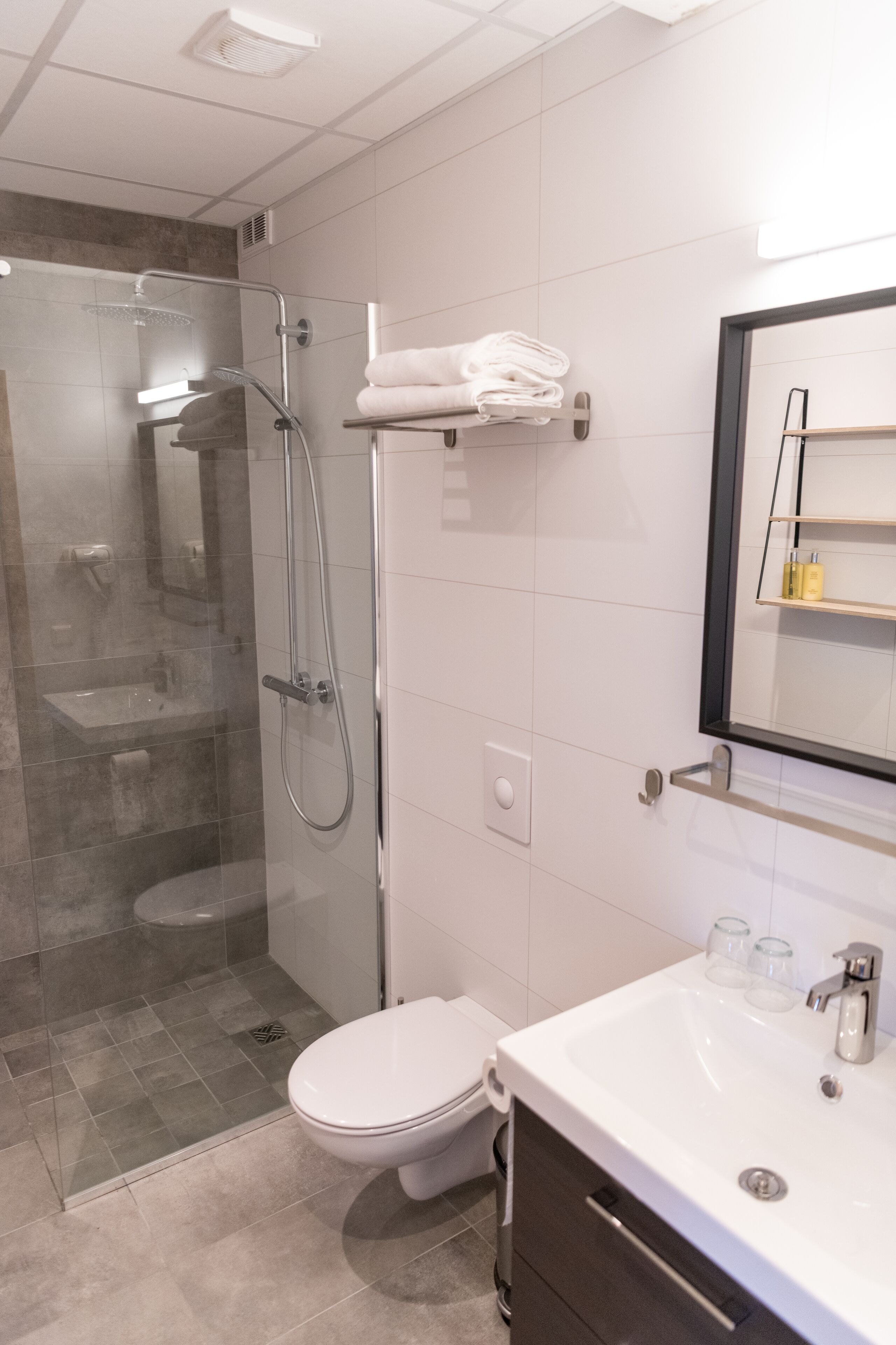 hair dryer, towels, soap, shampoo