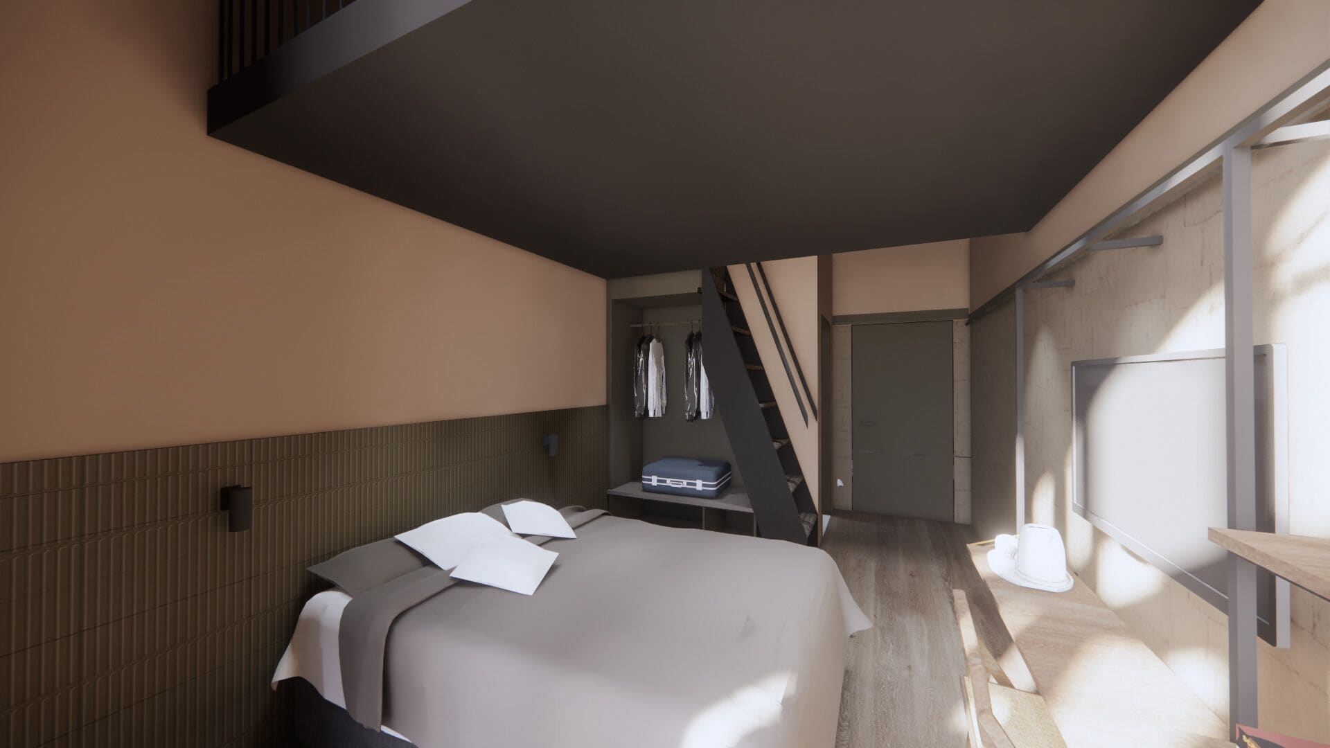 A modern hotel room with a bed, a desk, a wardrobe, and a staircase.