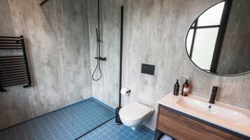 A modern bathroom with a blue tiled floor, a white toilet, a wooden vanity with a sink, and a large mirror.