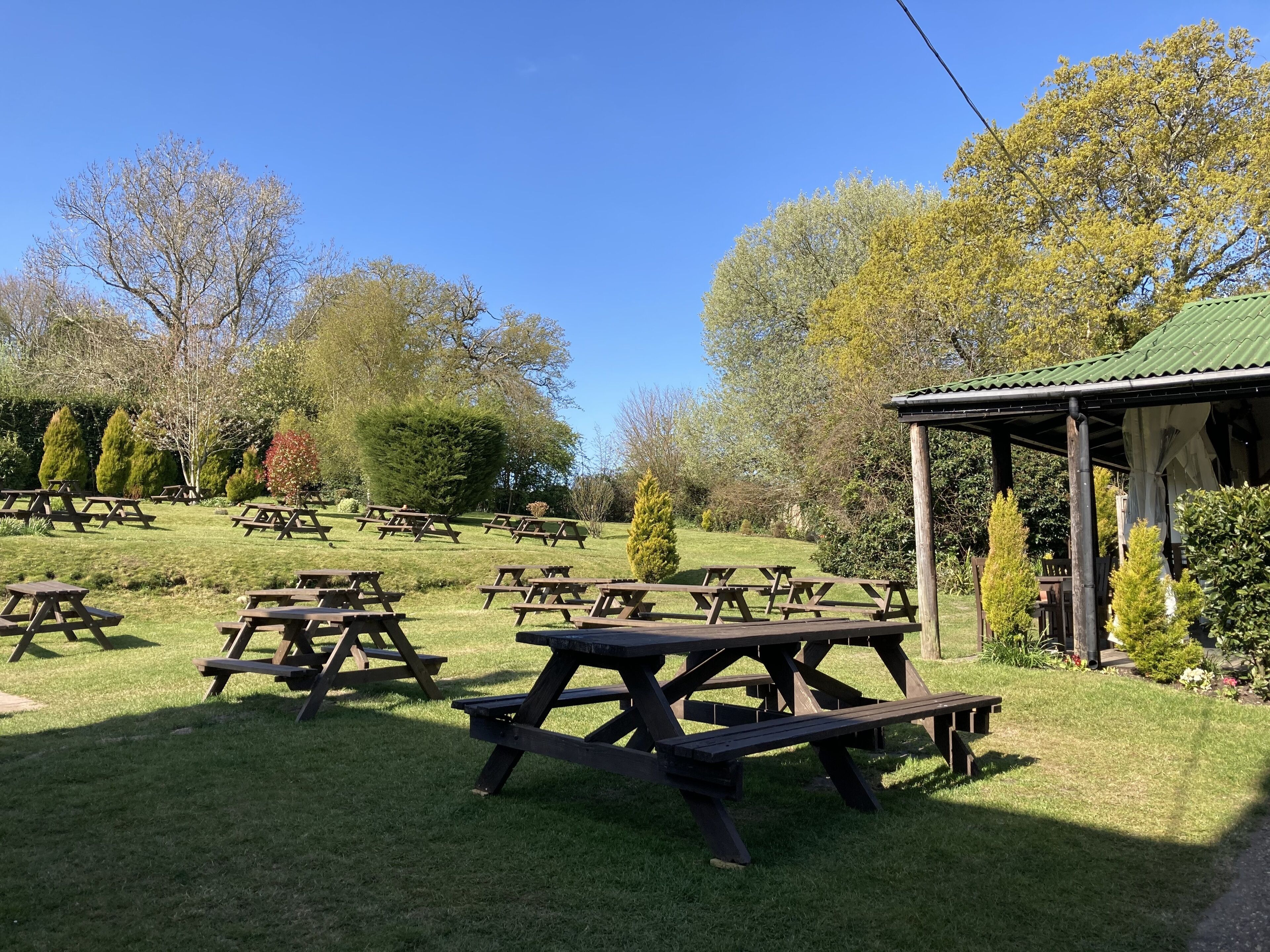 A picnic area with multiple wooden picnic tables and a gazebo in a park.
