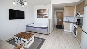 Un espacio habitable compacto con cama, televisor, kitchenette y comedor.