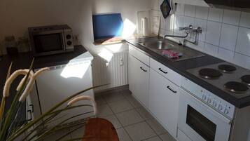 Apartment | Private kitchen | Full-sized fridge, microwave, oven, stovetop