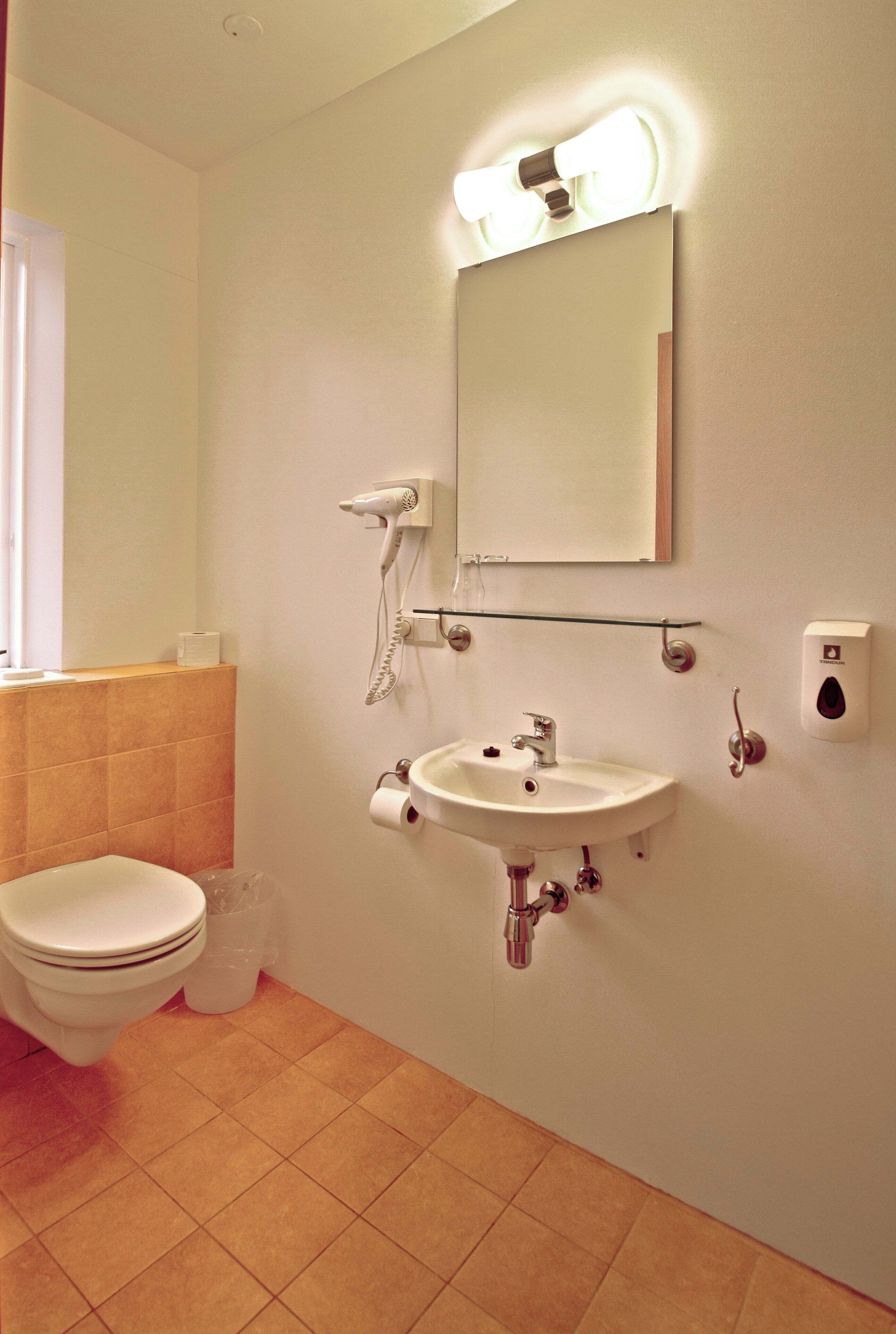 A bathroom with a toilet, sink, and hairdryer mounted on the wall.