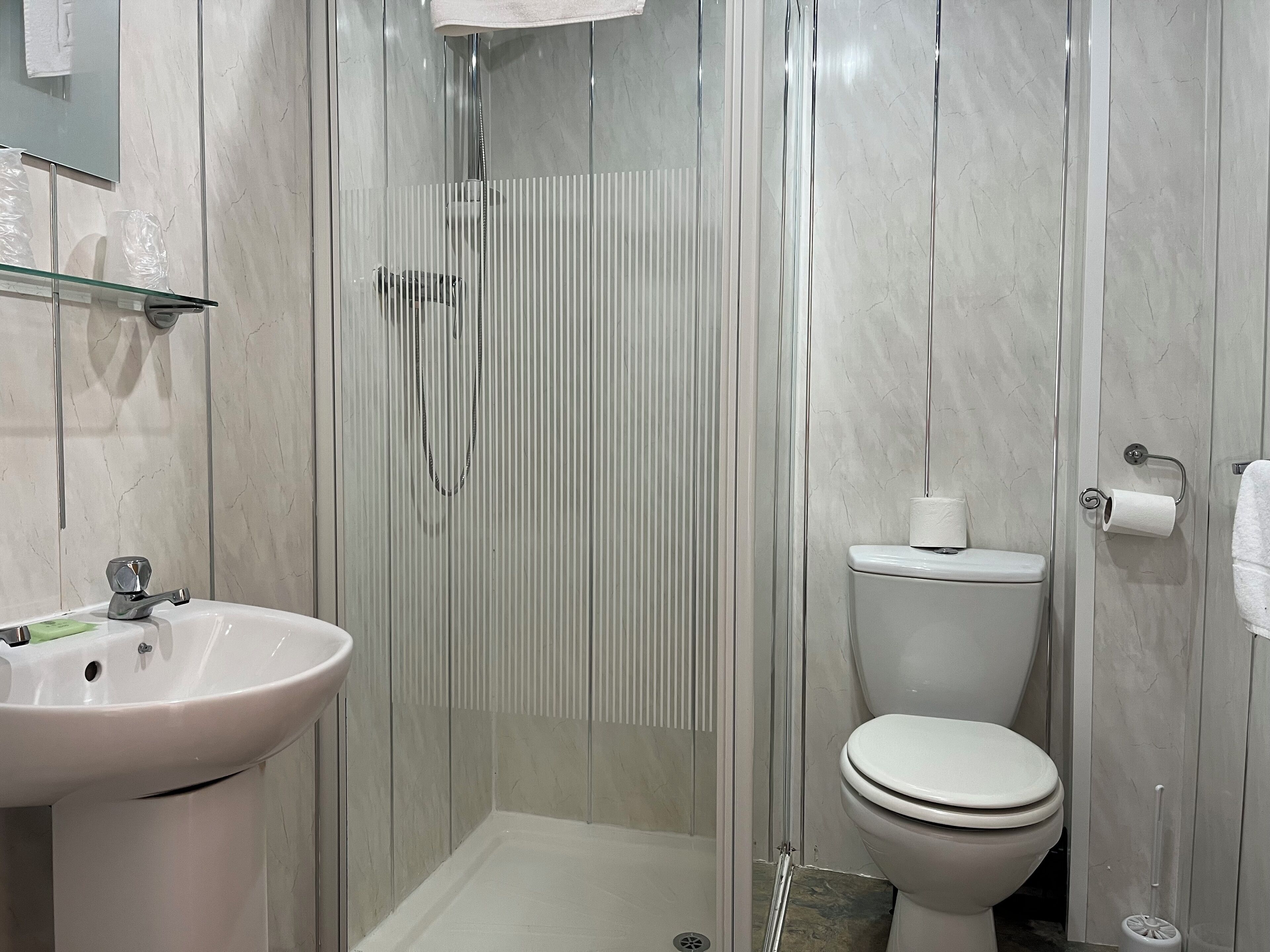 A modern bathroom with a glass-enclosed shower, a white sink, and a toilet.