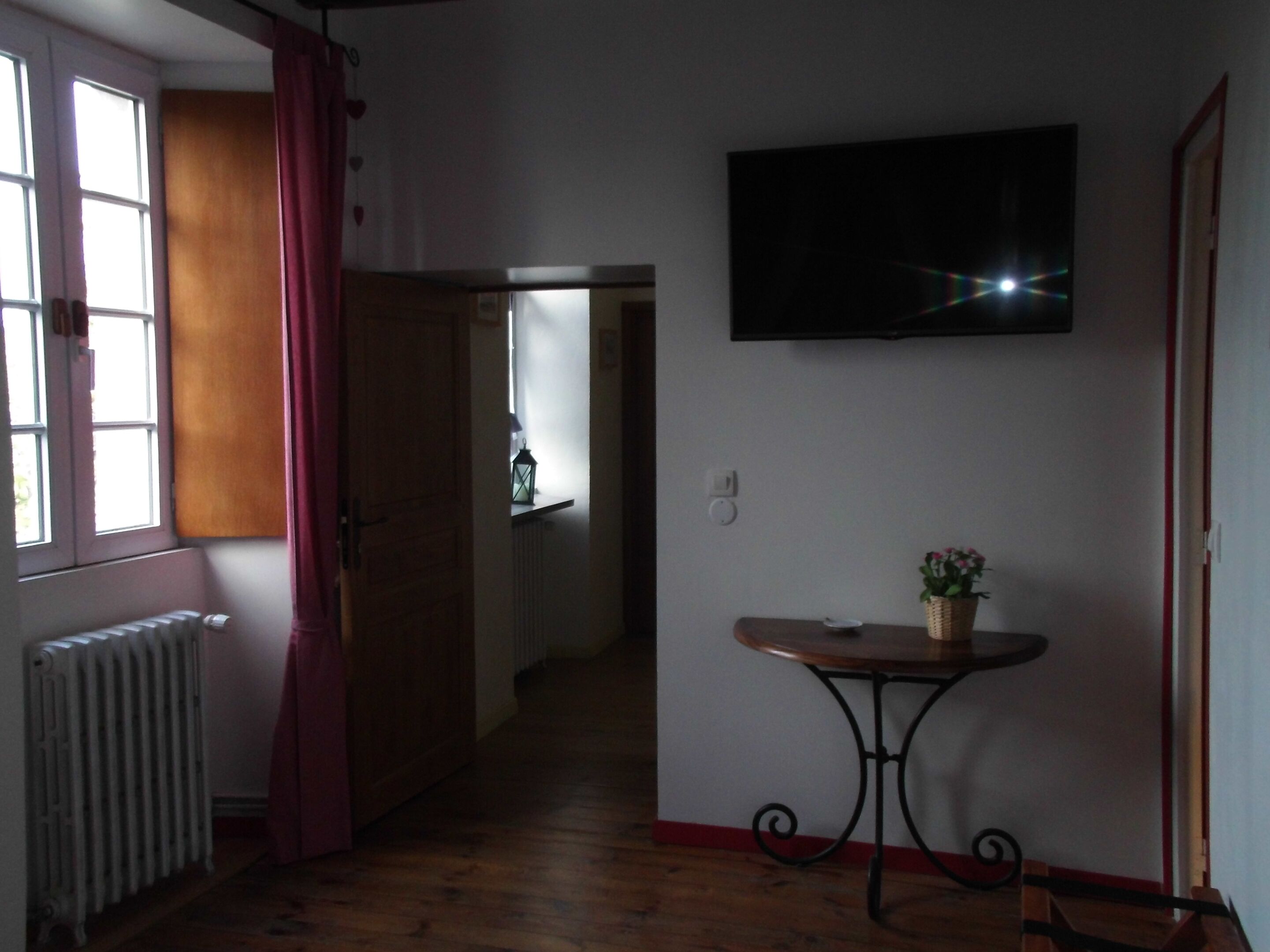 A room with a wooden floor, a radiator, a window with curtains, a door, a wall-mounted TV, and a small table with a plant.