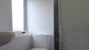 A bathroom with a toilet, a window, and a shower.
