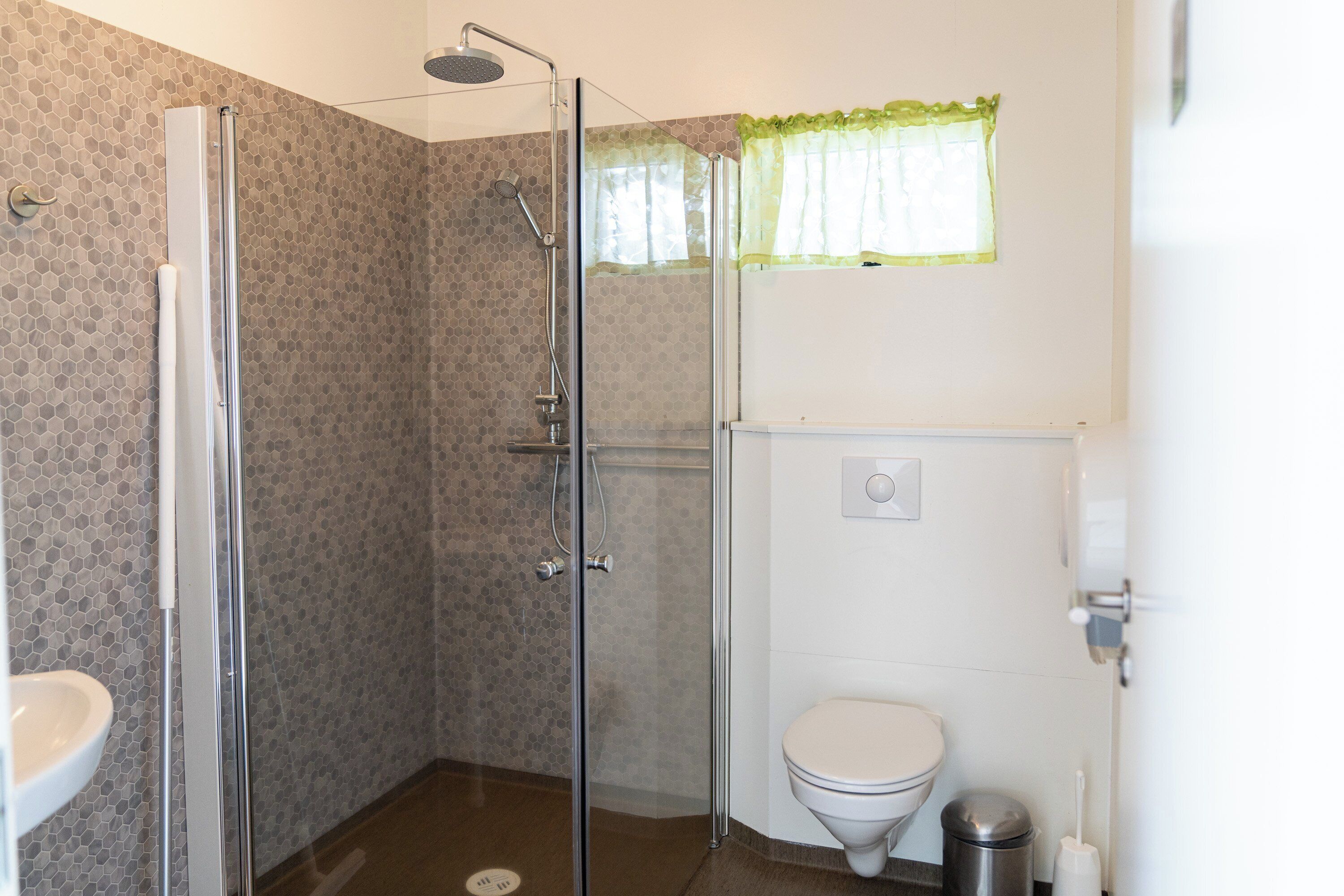 A modern bathroom with a glass-enclosed shower, a toilet, and a sink.