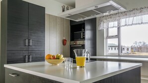 A modern kitchen with dark cabinetry, a white countertop, a bowl of fruit, a glass pitcher of juice, and a window with a view of a house and trees. - Vogar Travel Service (Myvatn)