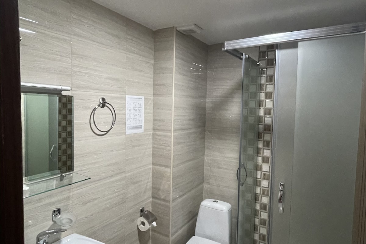 economy double room | bathroom | shower, free toiletries, hair dryer, bathrobes