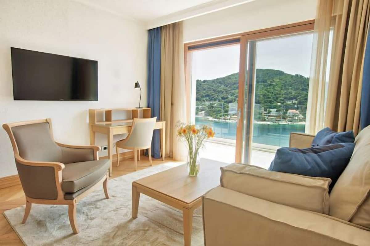 A modern living room with a sofa, a coffee table, a TV, and a view of a hillside.