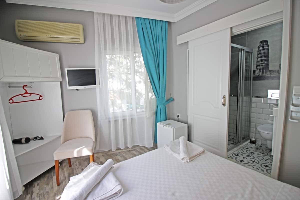 A hotel room with a bed, a chair, a TV, a shower, and a bathroom with a toilet and sink.