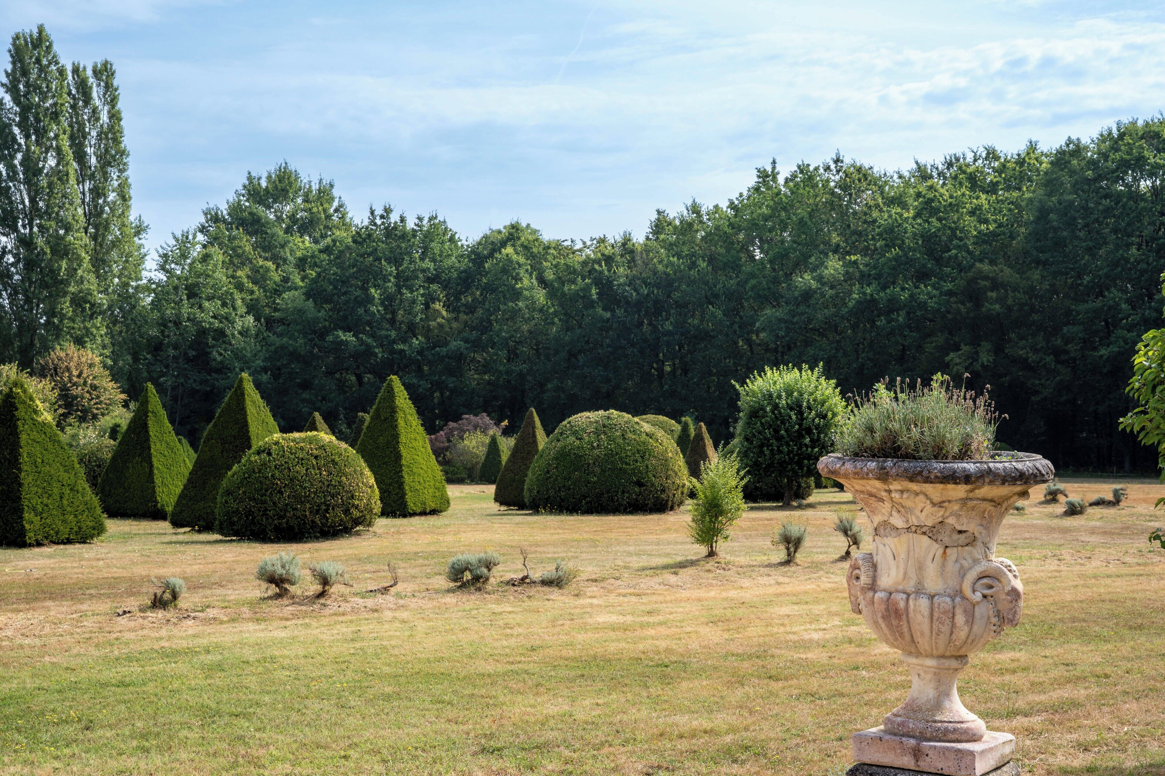 A well-maintained garden with neatly trimmed topiary and a classical urn planter.