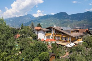 A mountain cabin with a balcony, surrounded by lush greenery and a view of distant mountains. - Hotel FleurAlp (Cermes)