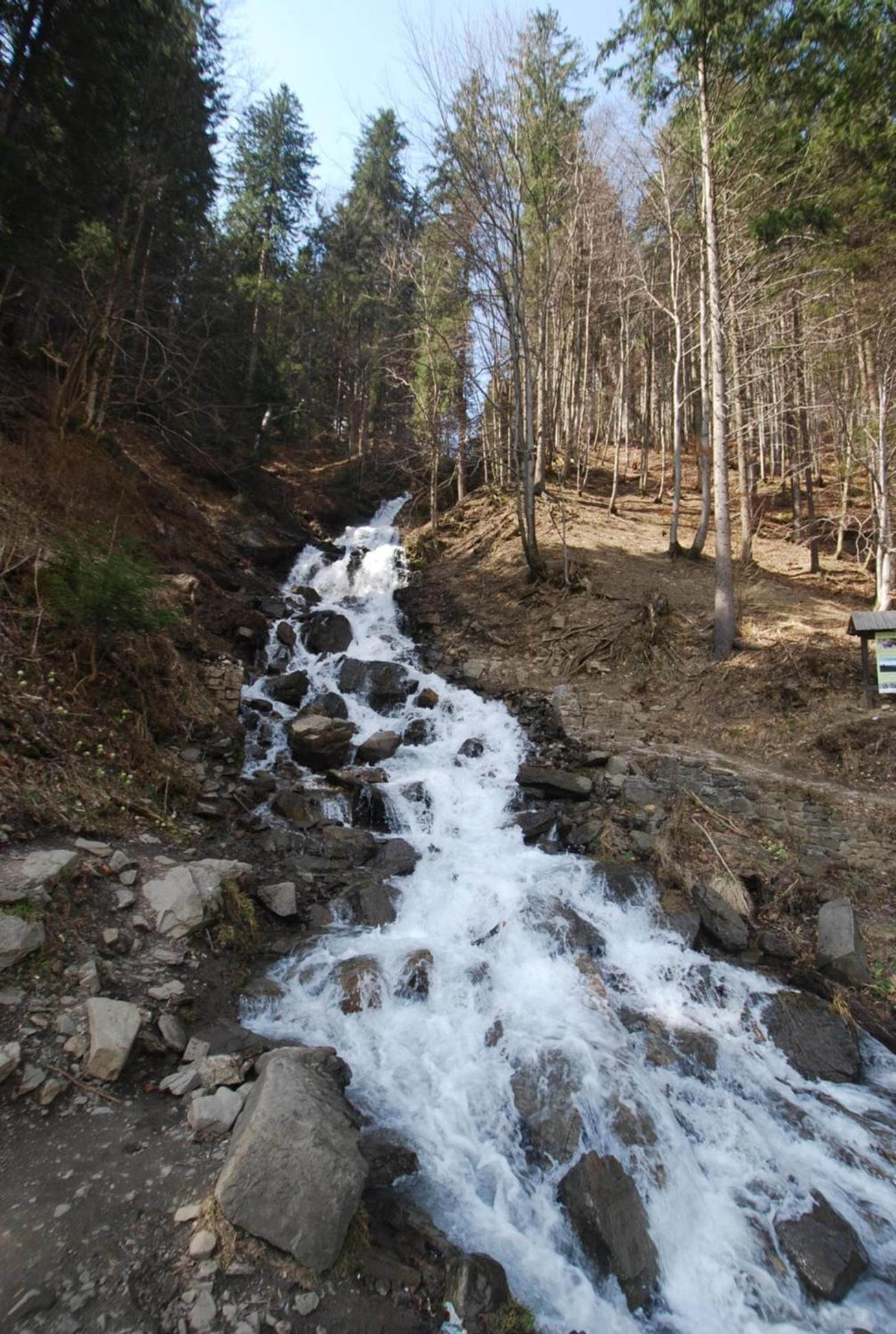 Un arroyo pedregoso que serpentea por un área boscosa, con árboles y una estructura de madera al fondo.
