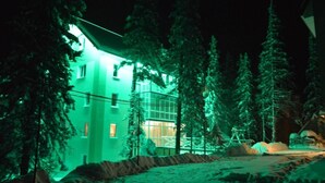 A building with a green-lit exterior, surrounded by snow and tall evergreen trees. - Zelenaj Dacha (Drahobrat)