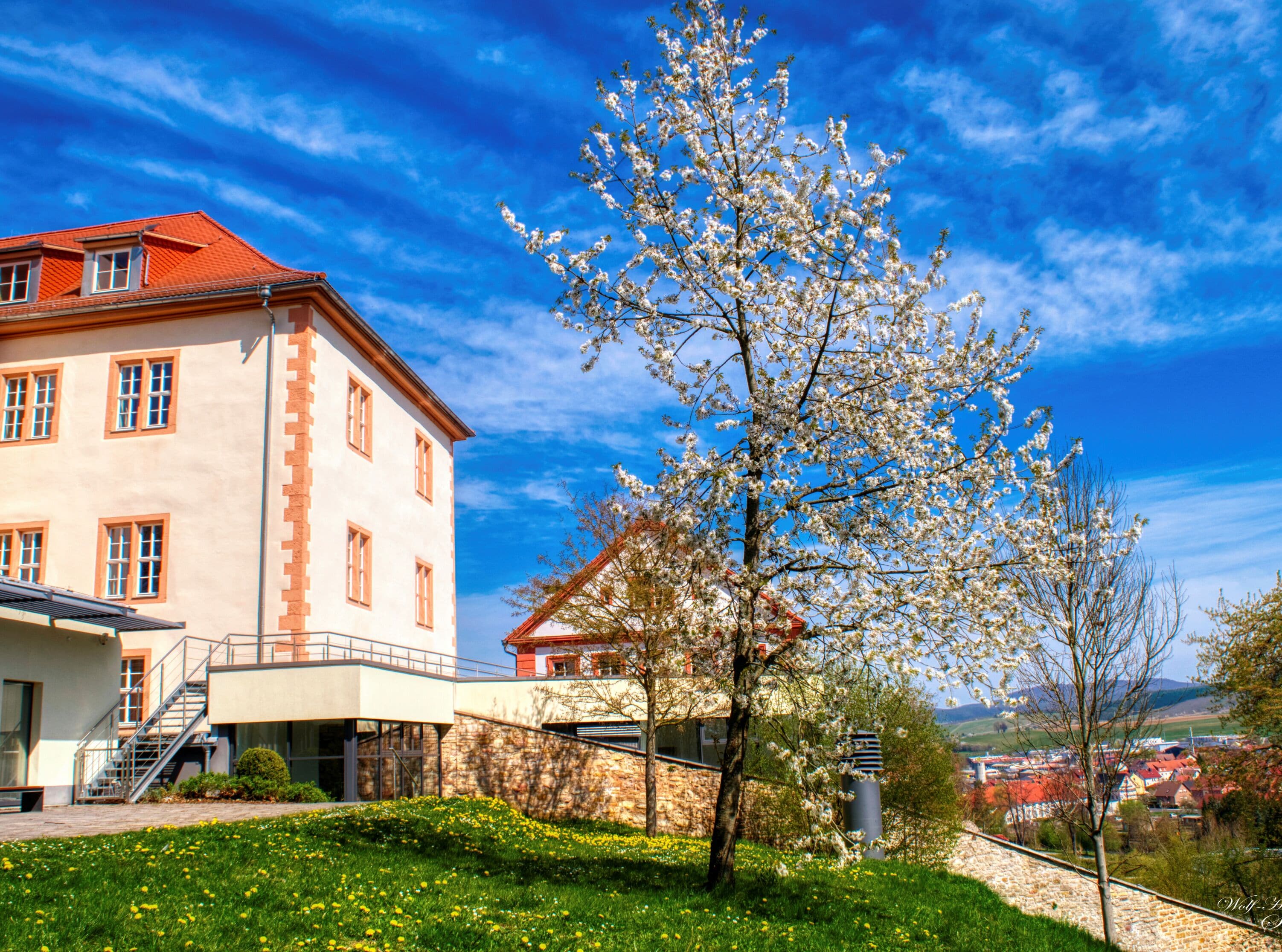Ein Gebäude mit rotem Dach und weißen Wänden, eine Treppe, die zum Eingang führt, und ein Garten mit blühenden Bäumen.