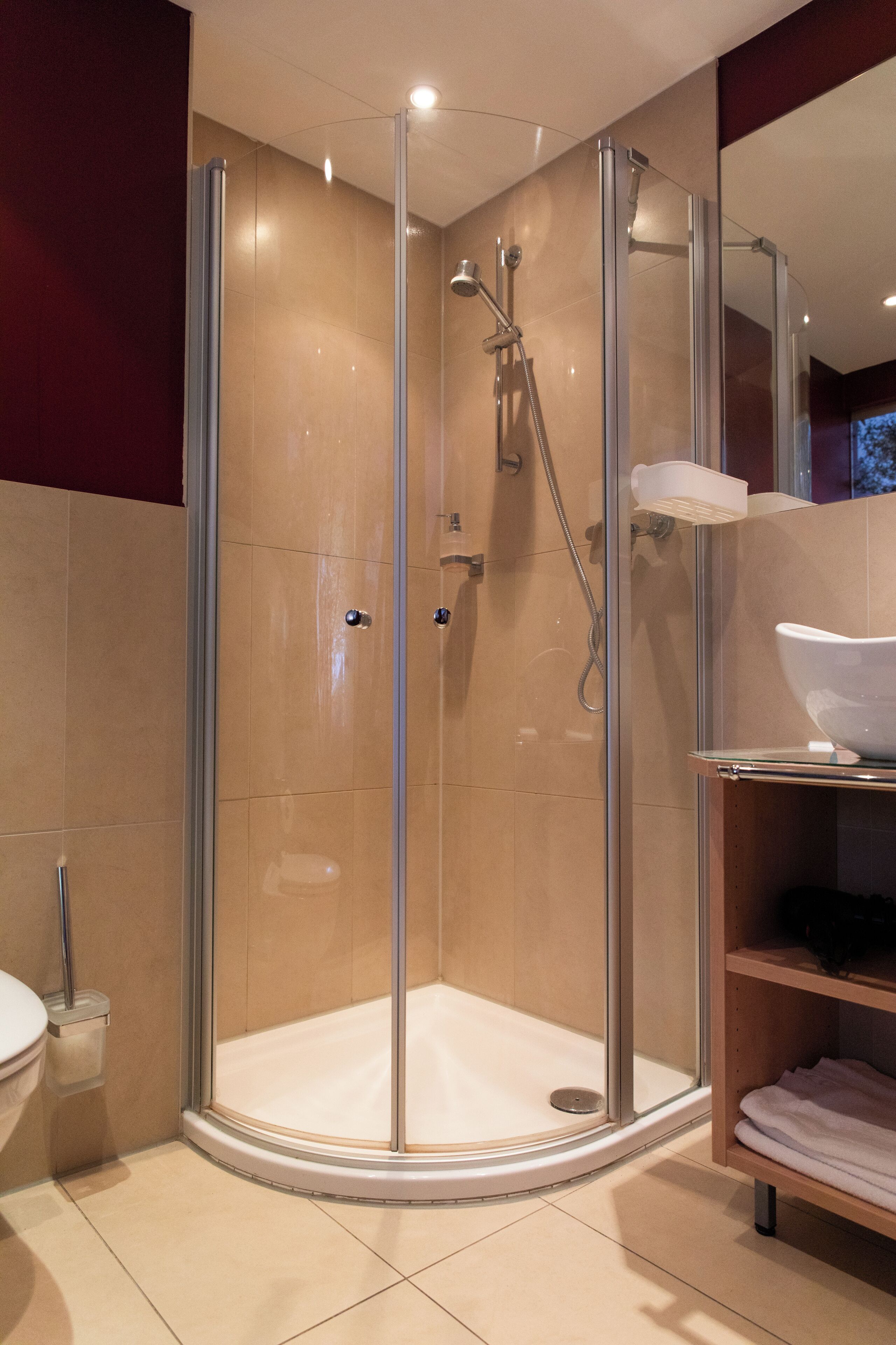 A modern bathroom with a glass-enclosed shower, a toilet, and a sink with a white basin.
