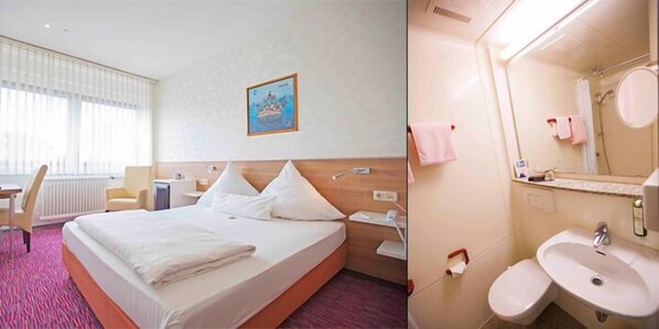 Una habitación de hotel con una cama grande, un escritorio, una silla y una ventana con persianas.