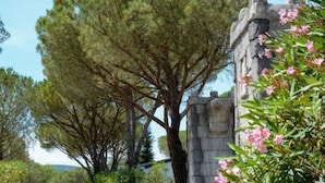 A stone building with a pathway leading to it, surrounded by trees and flowering shrubs. - Domaine De Verdagne (Gassin)