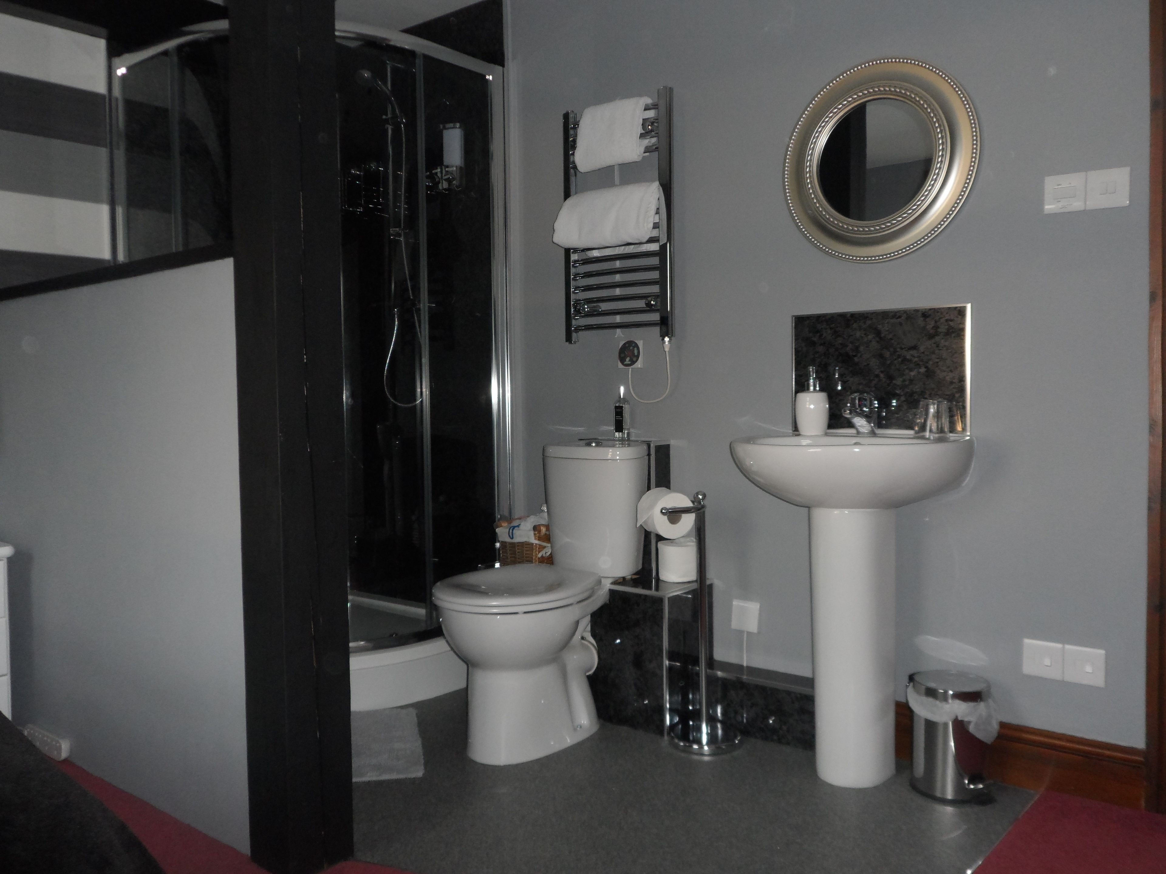 Une salle de bain équipée d’une douche, de toilettes, d’un lavabo et d’un miroir.